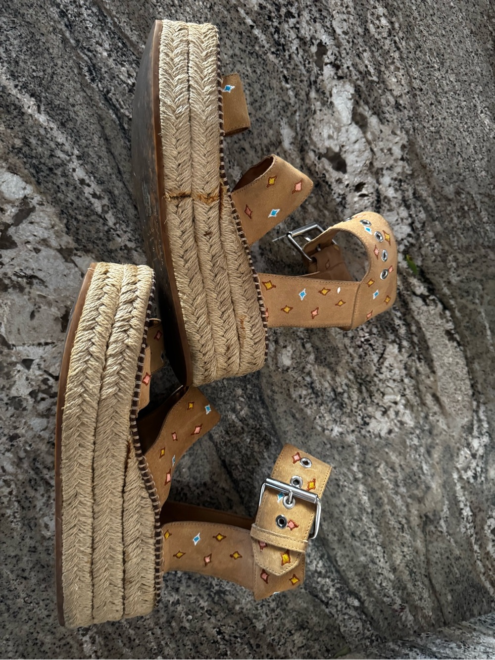 rag & bone Tan Suede Embroidered Platform Espadrilles